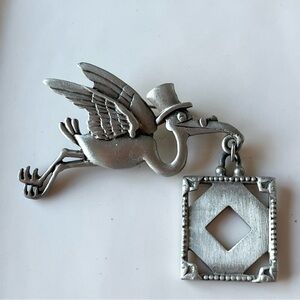 JJ Jonette Jewelry Brooch Pin Stork Dangling Mini Photo Frame Silvertone Vintage